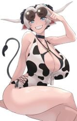 1girls 2024 big_breasts blue_eyes choker commission cow_ears cow_girl cow_horns cow_print cow_print_swimsuit cow_tail crossed_legs female female_only horns looking_at_viewer short_hair sitting smiling smiling_at_viewer solo sunglasses swimsuit tail teeth_showing thick_thighs wanderjegson white_background white_hair