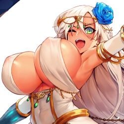 acrobatic_sunny arm_bracers armpits blonde_hair blue_flower blush bracelet bracers color dancer_outfit elbow_gloves female female_focus female_only flower flower_in_hair forehead_necklace from_below game_cg green_eyes hair_between_eyes hair_flower hair_ornament huge_breasts jewelry last_origin long_hair looking_at_viewer mr._yun navel navel_visible_through_clothes nipple_bulge one_eye_closed one_eye_open open_mouth skimpy skimpy_clothes skimpy_dress sleeveless sleeveless_dress smile smiling smiling_at_viewer tiara transparent_background upper_body viewed_from_below white_dress