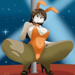 1girls 2d 2d_(artwork) alice_hamilton areola_slip brown_hair brunette bunny_ears bunny_girl cameltoe female henry_stickmin_(game) high_heels leotard long_hair mob_face nobytes_(artist) playboy_bunny pole_dancing solo solo_female spread_legs squatting