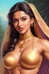 ai_generated bare_shoulders big_breasts bindi brown_eyes brown_hair cleavage dark-skinned_female dark_skin earrings indian indian_clothes indian_female jewelry long_hair looking_at_viewer married_woman necklace pink_lipstick rosy_cheeks saree sari sindoor smile teeth_showing upper_body veil