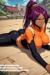 ai_generated ass bangs bleach blue_sky bodysuit breasts closed_mouth clothing dark-skinned_female dark_skin day english_text female female_only jousneystudio large_breasts long_hair looking_at_viewer lying on_stomach orange_shirt outdoors parted_bangs patreon_username ponytail purple_hair shihouin_yoruichi shiny sky smile solo thighs tied_hair watermark yellow_eyes
