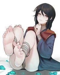 1girls 7chewkaesa artist_request barefoot black_hair blue_eyes dark_hair elden_ring feet female female_only fromsoftware hand_on_chin legs mostly_clothed pale-skinned_female pale_skin sorceress_sellen tagme tagme_(artist) toes white_background