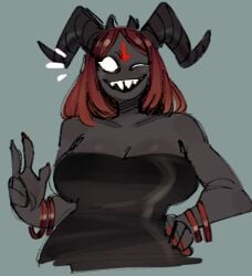 big_breasts big_horns black_dress bracelet breasts colored_nails dark_skin dress horns looking_at_viewer open_mouth peace_sign readraws reahmi red_bracelet red_hair red_nails sharp_teeth small_horns smiling the_binding_of_isaac the_siren_(the_binding_of_isaac) tight_clothing tight_dress white_eyes winking_at_viewer