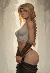 ai-generated astrid_hofferson athletic_female blonde_hair blue_eyes braid braided_hair fit_female how_to_train_your_dragon muscular_female nipples_visible_through_clothing outdoors outside panties pants_pulled_down pulling_down_pants thong thong_panties thong_underwear viking viking_female