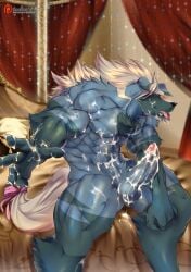 after_orgasm anthro balls bara barazoku blazblue blush boner booboo34 cum cum_on_body cum_on_penis erection furry male male_only muscles muscular nude penis sitting solo solo_male tongue_out valkenhayn_r._hellsing werewolf wolf