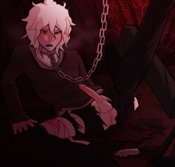 bigsyo black_hair black_pants black_shoes black_suit chain_leash collar danganronpa danganronpa_ultra_despair_girls exposed exposed_ass izuru_kamukura nagito_komaeda ripped_clothing ripped_pants ripped_underwear servant spread_legs spreading sweater undershirt white_hair