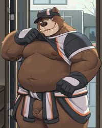 4:5 anthro balls bear bottomless brown_balls brown_bear brown_body brown_fur brown_penis clothed clothing clothing_lift flaccid foreskin fur genitals hi_res humanoid_genitalia humanoid_penis looking_at_viewer male mammal moki overweight overweight_anthro overweight_male penis shirt shirt_lift solo topwear ursid