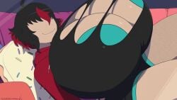 1girls animated black_hair bouncing_breasts breasts curvy enormous_breasts faceless_female female glaze_(vtuber) hyper_breasts lying on_back plump red_hair sugarbugtrash text thick_thighs two_tone_hair virtual_youtuber vtuber