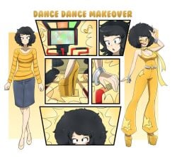 1girls afro black_eyes black_hair bodysuit bracelets breasts dance_dance_revolution flats high_heels jean_skirt kobi-tfs looking_at_viewer persona persona_5 platform_heels sadayo_kawakami scarf shirt short_hair skirt small_breasts striped_shirt sunglasses transformation yellow_bodysuit yellow_shirt