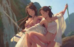 2girls armpit_hair bigrbear breasts brown_eyes brown_hair female_pubic_hair hair_ornament hair_stick highres holding holding_another's_arm holding_sword holding_weapon jian_(weapon) long_hair martial_arts medium_breasts multiple_girls navel nipples nude original pubic_hair pussy scabbard sheath small_breasts sword training uncensored weapon
