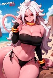 ai_generated android_21 android_21_(evil) bare_shoulders beach black_nails black_sclera bracelet breasts cleavage closed_mouth colored_sclera colored_skin detached_sleeves dragon_ball earrings female hips hoop_earrings large_breasts long_hair majin_21 pink_skin pointy_ears red_eyes side_tie_bikini_bottom smile tail thick_thighs tube_top white_hair wide_hips