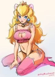 1girls bell bell_choker blonde_hair blue_eyes bra breasts cat_bell cat_ears cat_keyhole_bra cat_keyhole_lingerie cat_lingerie choker cleavage_cutout fake_animal_ears high_heels lingerie long_hair looking_at_viewer mario_(series) medium_breasts midriff minacream navel nintendo panties pink_bra pink_lingerie pink_panties princess_peach side-tie_panties thighhighs