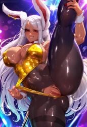 1girls ai_generated cleavage dark-skinned_female female female_only huge_breasts indoors klausherbert mirko miruko money my_hero_academia pantyhose patreon_link playboy_bunny pole_dancing presenting_pussy rumi_usagiyama smirk solo stripper stripper_pole thick_thighs torn_pantyhose wide_hips