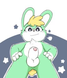 2021 3_fingers animal_crossing animal_genitalia anthro balls blonde_hair cheek_tuft chest_tuft facial_tuft fingers front_view fur fur_tuft genitals green_body green_ears green_fur hair hands_on_hips hi_res lagomorph leporid low-angle_view male mammal multicolored_body multicolored_fur nintendo oob penis penis_tip pose rabbit sasha_(animal_crossing) sheath smile solo tuft video_games white_body white_fur white_inner_ear yellow_body yellow_fur yellow_tail