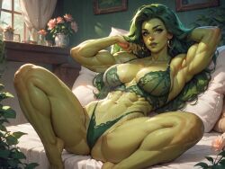 1girls abs ai_generated ass big_ass big_breasts breasts bubble_butt female female_only giant_breasts green-skinned_female green_body green_eyes green_hair green_skin huge_breasts hulk_(series) jennifer_walters lingerie marvel marvel_comics massive_ass muscular muscular_arms muscular_female she-hulk solo solo_female superheroine thick_thighs wide_hips