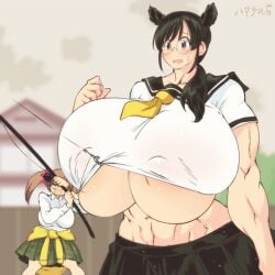 1futa 1girls abs animated big_breasts black_hair breasts brown_hair cow_girl duo fishing_rod futanari gigantic_breasts glasses hataraki_ari huge_breasts human humanoid junko_(hataraki) large_breasts light-skinned_female light-skinned_futanari light_skin limon_(hataraki) long_hair massive_breasts monster_girl muscular muscular_arms muscular_female school_girl schoolgirl short_hair