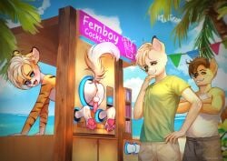 anthro ass balls beach blush bound erection exhibitionism femboy free_use furry genitals group hi_res kemono looking_at_viewer looking_back male male/male mammal muscular muscular_male nature nude outside pawpads paws penis public_use smile through_wall trio zeefirka