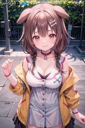 1girls ai_generated animal_ears blush braid braided_twintails brown_eyes brown_hair city cleavage cute dog_ears dog_girl dog_tail eyebrows_visible_through_hair female female_only front_view hair_between_eyes hair_ornament highres hololive hololive_japan inugami_korone jacket light-skinned_female light_skin looking_at_viewer lunistar outdoors solo stable_diffusion standing tagme tail thick_thighs virtual_youtuber watermark white_dress