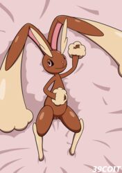 39coit absurd_res bedroom_eyes big_ears blush brown_body brown_fur dakimakura_design female feral fur furry furry_only genitals hi_res lagomorph looking_at_viewer lopunny lying mammal narrowed_eyes nintendo on_model pink_eyes pink_nose pokémon_(species) pokemon pokemon_(species) pussy seductive simple_background smile solo spread_legs spreading thick_thighs video_games yellow_body yellow_fur