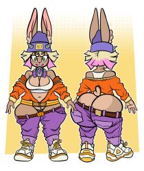 anthro ass biped bottomwear breasts clothed clothing female footwear hair hi_res lagomorph leporid looking_at_viewer mammal open_mouth ponehanon pupils rabbit shoes solo thick_thighs thong topwear underwear