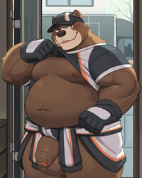 4:5 anthro balls bear bottomless brown_balls brown_bear brown_body brown_fur brown_penis clothed clothing clothing_lift foreskin fur genitals glans half-erect hi_res humanoid_genitalia humanoid_penis looking_at_viewer male mammal moki overweight overweight_anthro overweight_male penis pink_glans shirt shirt_lift solo topwear ursid