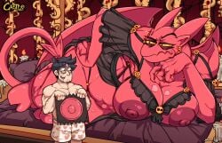 castleart condom demon eyebrow_raise horns huge_condom light-skinned_male lucia_(satina) red-skinned_female satina_wants_a_glass_of_water size_difference underwear