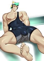 1boy arm_support backwards_baseball_cap ball_bulge baseball_cap big_bulge big_chest big_pecs bulge cat_ear_headphones cocky feet feet_towards_viewer gasaiv green_hair headphones headphones_on_head legs_apart looking_at_viewer male male_only muscular muscular_arms muscular_chest muscular_thighs naughty_face nipples original_character pecs penis penis_outline pov pov_eye_contact reclining sitting skin_tight smile smiling_at_viewer solo solo_male tight_clothing wrestling_outfit wrestling_singlet