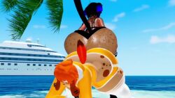 2boys anthro background_music beach bikini_bottom black_hair face_down_ass_up femboy furry hands_on_ground inuzu orange_fur orange_hair sweat sweating swimsuit tagme twerking video vrchat vrchat_model