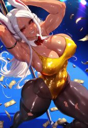 ai_generated cameltoe cleavage dark-skinned_female huge_breasts indoors klausherbert mirko miruko money my_hero_academia pantyhose playboy_bunny pole_dancing rumi_usagiyama smirk stripper stripper_pole thick_thighs wide_hips