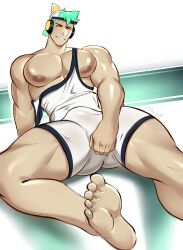 1boy arm_support backwards_baseball_cap ball_bulge ball_grab baseball_cap big_bulge big_chest big_pecs black_mankini bulge bulge_grab cat_ear_headphones cocky feet feet_towards_viewer gasaiv green_hair hand_on_balls hand_on_bulge headphones headphones_on_head holding_mankini legs_apart looking_at_viewer male male_only mankini muscular muscular_arms muscular_chest muscular_thighs naughty_face nipples original_character pecs penis penis_outline pov pov_eye_contact reclining sitting skin_tight smile smiling_at_viewer solo solo_male taking_off_mankini tight_clothing white_mankini wrestling_outfit wrestling_singlet