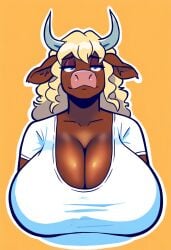 1girls ai_generated animal_ears animal_nose anthro anthro_only blonde_hair blue_eyes bovid bovine brown_fur bust_shot cow_girl exposed_collarbone female female_focus female_only furry furry_breasts furry_female furry_only giant_breasts highland_cow horns large_breasts majorfluffy mature_anthro mature_female milf novelai solo solo_anthro solo_female t-shirt tagme