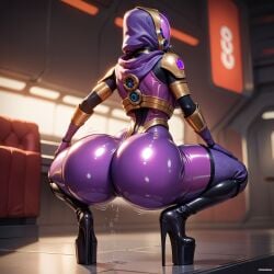 ai_generated alien_girl ass breasts commissioner_upload fully_clothed helmet high_heels hood looking_back mask mass_effect quarian sideboob skintight_bodysuit solo tali'zorah_nar_rayya text thick_ass thick_thighs