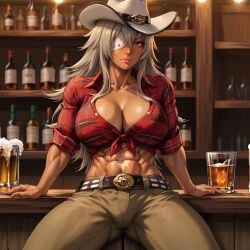 ai_generated cleavage cowboy_hat cowboy_outfit cowgirl_outfit dark-skinned_female flannel_shirt ghislaine_dedoldia muscular_female saloon wild_west wiskey