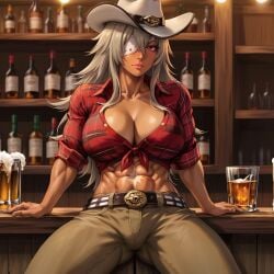 ai_generated cleavage cowboy_hat cowboy_outfit cowgirl_outfit dark-skinned_female farmer flannel_shirt ghislaine_dedoldia muscular_female saloon wild_west wiskey