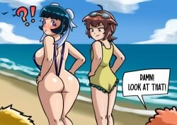 2girls ass ass_cheeks beach beyblade beyblade_metal_fusion big_ass big_breasts blush chinese_female dialogue flat_ass hair_buns jealous jealous_female looking_back madoka_amano mei_mei_(beyblade) metal_fight_beyblade oni_senpai oni_senpai_art side_boob swimsuit swimwear text thick_ass