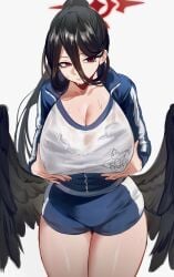 1girls absurdres big_breasts1girl black_bra black_hair black_wings blue_archive bra breasts celyn404 cleavage covered_erect_nipples feathered_wings hair_between_eyes halo hasumi_(blue_archive) hasumi_(track)_(blue_archive) highres large_breasts mole mole_under_eye ponytail red_eyes see-through_clothes shorts simple_background solo sweat underwear wet wet_clothes white_background wings