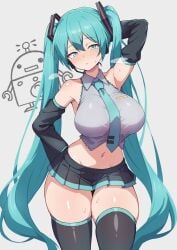 blue_eyes blue_hair curvy_figure hatsune_miku huge_breasts small_skirt small_top small_waist thick_thighs thighhighs tight_clothing twintails vocaloid
