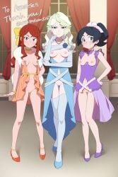 3girls arikindows10 barbara_parker black_hair blue_eyes breasts brown_hair diana_cavendish dress dress_lift female female_only green_hair hannah_england little_witch_academia looking_at_viewer party pussy skimpy_dress