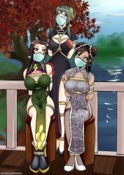 3girls arms_tied_behind_back black_dress black_hair bondage breasts brown_eyes brown_hair cheongsam china_dress cleavage_cutout clouds crossover double_bun dress female female_only final_fantasy final_fantasy_vii fishnets gag gagged grass green_dress grey_dress hair_bun hairband high_heels human large_breasts legs_tied looking_at_viewer multiple_girls ost_horai outside over_the_nose_gag plasma-dragon red_eyes rope rope_between_breasts rope_bondage shibari_over_clothes sitting sky spy_x_family standing the_rising_of_the_shield_hero tifa_lockhart trees water yor_briar yor_forger