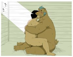 anthro black_hair blue_hair blush bodily_fluids brown_body brown_fur closed_eyes duo embrace fur gouryou hair holding_partner hug human human_on_anthro interspecies kissing larger_anthro lifewonders male male/male male_only mammal moobs nude overweight overweight_male romantic romantic_couple size_difference smaller_human suid suina sus_(pig) sweat tokyo_afterschool_summoners toorin video_games wild_boar