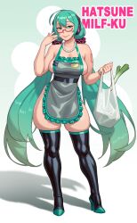 1female apron breast_spill female glasses grin grinning grinning_at_viewer grocery_bag hatsune_miku hatsune_milf_fu high_heel_boots high_heels leek milf naked_apron older_female pearl_necklace pigtails rizdraws shopping_bag skindentation smug smug_face smug_grin thick_thighs thigh_high_boots thighhighs thighs twintails vocaloid