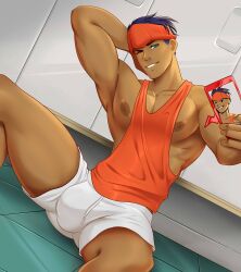 1boy abs arm_up armpits black_hair bulge cocky gasaiv gym_shorts hand_behind_head headband locker locker_room looking_at_viewer male male_only muscular muscular_arms muscular_chest nipples pecs pokemon pokemon_ss raihan_(pokemon) rotom_phone seductive selfie shorts sitting smile smiling_at_viewer smirk smirking_at_viewer smooth_skin smug solo solo_male spread_legs tank_top white_shorts wink winking_at_viewer