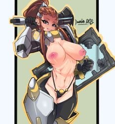 1girls abs bare_breasts big_breasts blizzard_entertainment brigitte brown_hair clothed clothing color dookie_arts female female_focus female_only fit_female hi_res large_breasts light-skinned_female light_skin long_hair looking_at_viewer muscles muscular muscular_female nipples overwatch overwatch_2 panties solo solo_female superheroine tagme thick_thighs underwear