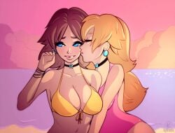 2girls beach bikini blonde_hair blue_eyes bracelet breasts brown_hair cheek_kiss choker closed_eyes clouds earrings flower_earrings kissing kylinsix large_breasts long_hair mario_(series) midriff navel nintendo ocean one-piece_swimsuit outside pink_one-piece_swimsuit pink_swimsuit princess_daisy princess_peach sky swimsuit water yellow_bikini yellow_swimsuit yuri