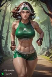 1girls abs ai_generated female female_focus female_only forest gloves marvel marvel_comics midriff red_hair rogue_(x-men) running self_upload shorts solo solo_female sweat sweating sweaty sweaty_body traumai two_tone_hair white_hair workout workout_clothes x-men