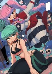 1boy 3girls big_breasts bra breasts busty crossover duo duo_focus eastern_and_western_character female female_focus green_hair grim_(billy_and_mandy) grim_reaper gwen_(tdi) male multiple_girls one-punch_man one_piece perona petite skeleton striped_legwear stripes tatsumaki the_grim_adventures_of_billy_and_mandy thick_thighs tied_hair tony_welt total_drama_island twintails