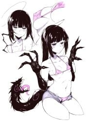 1girls bags_under_eyes bikini black_hair black_sclera blush breasts claws colored_sclera extra_mouth female female_focus karasu_raven long_hair mini_bikini navel nipples original pink_eyes short_shorts shorts small_breasts swimsuit unbuttoned