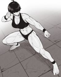 1girls abs athletic athletic_female barefeet barefoot barely_clothed black_hair blinding_bangs breasts female female_fighter female_focus female_only fighting fighting_pose fighting_stance hair_over_eyes light-skinned_female light_skin muscles muscular muscular_female original original_character serious serious_face serious_look solo solo_female solo_focus speedl00ver toned toned_female wristband