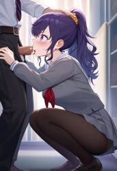 1boy 1boy1girl 1girls ai_generated asahina_mafuyu big_breasts blowjob blush breasts clothed clothing cum cum_drip cum_in_mouth cum_inside cumshot fellatio female high_resolution highres male penis project_sekai purple_eyes purple_hair school school_uniform schoolgirl thighs uniform