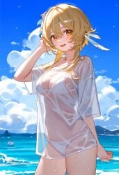 1girls ai ai_generated alternate_costume bikini bikini_bottom bikini_top blonde_hair bra clouds day female female_focus female_only flowers flowers_in_hair front_view genshin_impact light-skinned_female light_skin looking_at_viewer lumine_(genshin_impact) medium_breasts ocean outdoors pixma shirt short_hair sky slim_girl smiling smiling_at_viewer solo solo_female solo_focus standing summer swimsuit thong thong_bikini two_piece_swimsuit water wet wet_body wet_shirt white_bikini white_bikini_bottom white_bikini_top white_shirt white_swimsuit yellow_eyes young younger_female